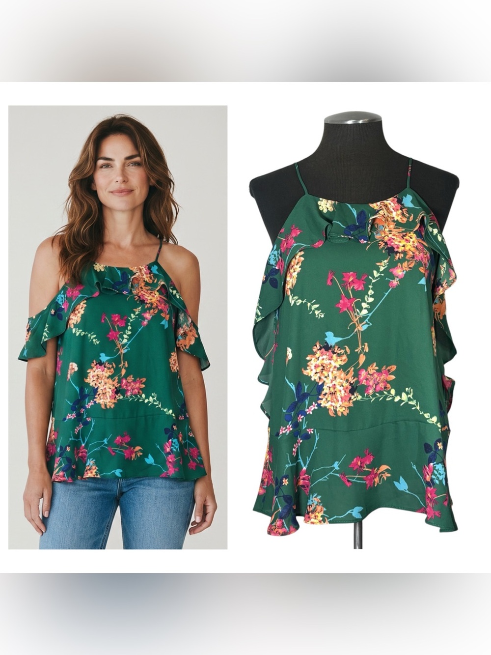 🆕 Sienna Sky – Green Floral Ruffle Cold Shoulder Top – Large